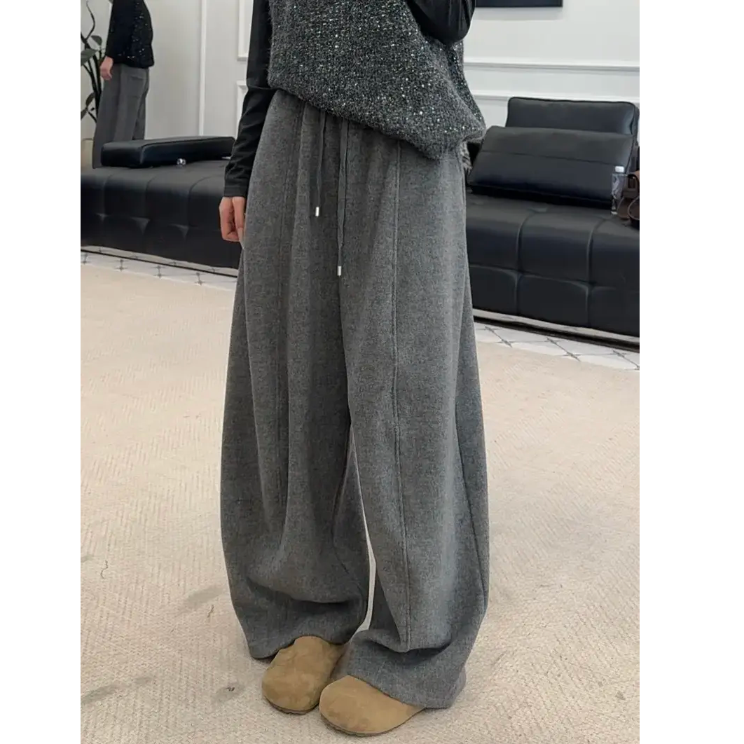 松紧腰抽绳弯刀呢子拖地裤女2025冬季新款加绒毛呢韩版阔腿裤sy