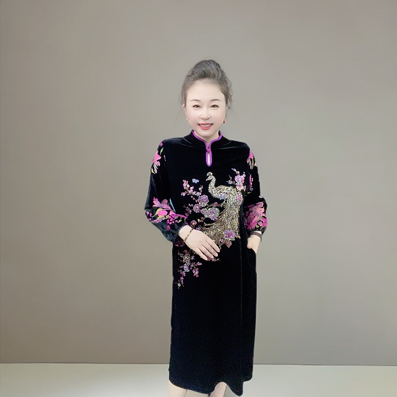 定制丝绒长袖孔雀吉祥连衣裙宽松藏肉