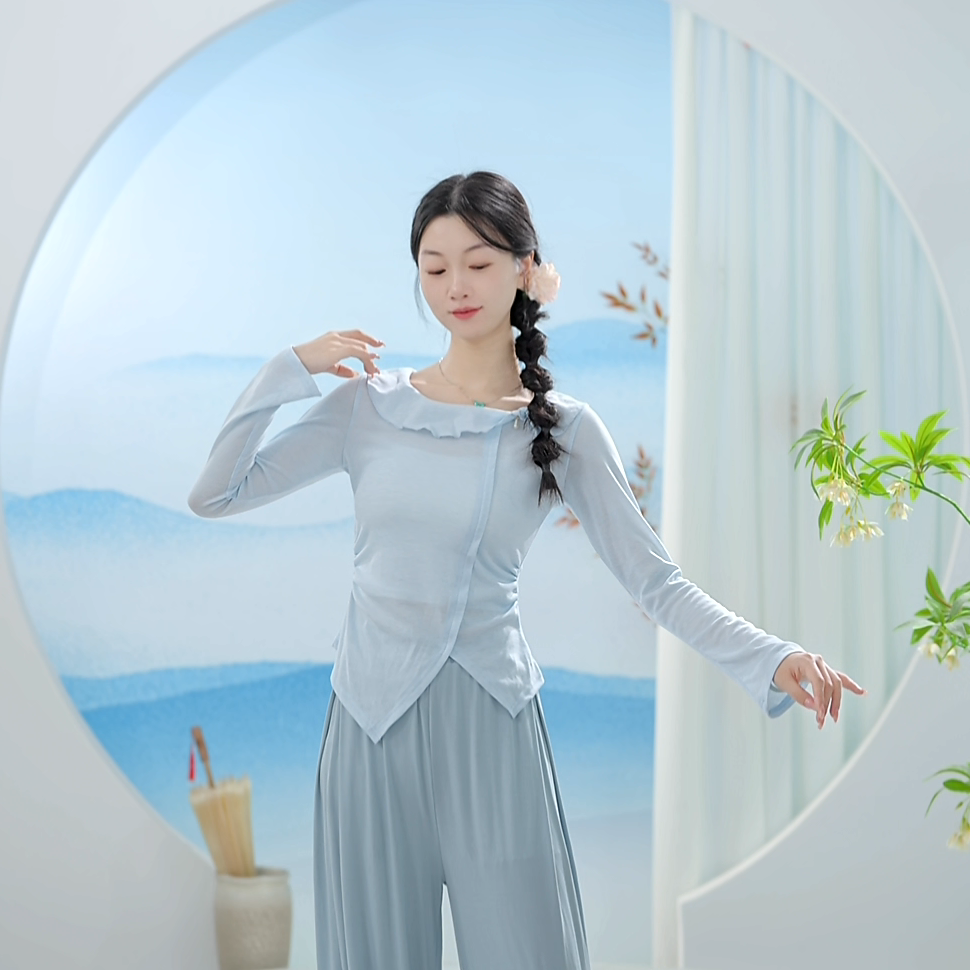 荷叶领不对称下摆长袖舞蹈服女现代练功跳舞专用古典日常显瘦