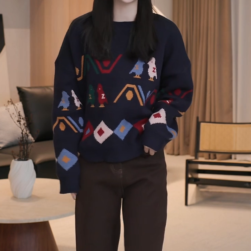 【Jason colors】冬季新款时尚宽松百搭洋气菱格卡通套头针织毛衣女