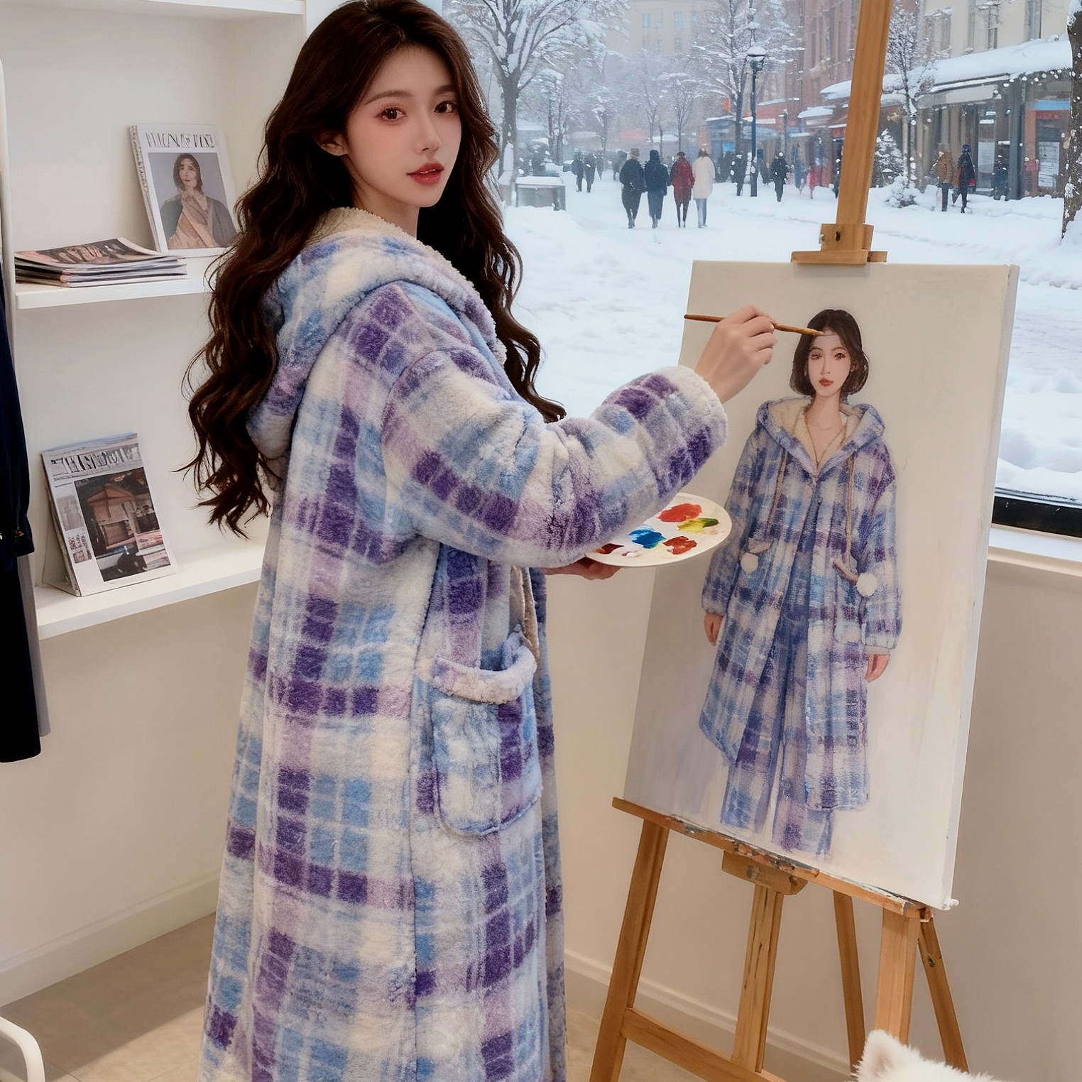 【蓝色海岸线】女格子睡袍冬季韩版宽松复古长袖长款秋冬厚款套装