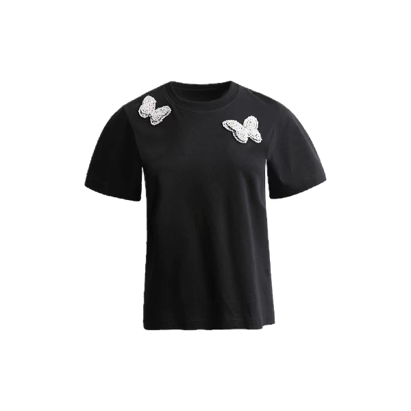 Leosoxs春季新款亮片双层蝴蝶结针织衫短袖上衣