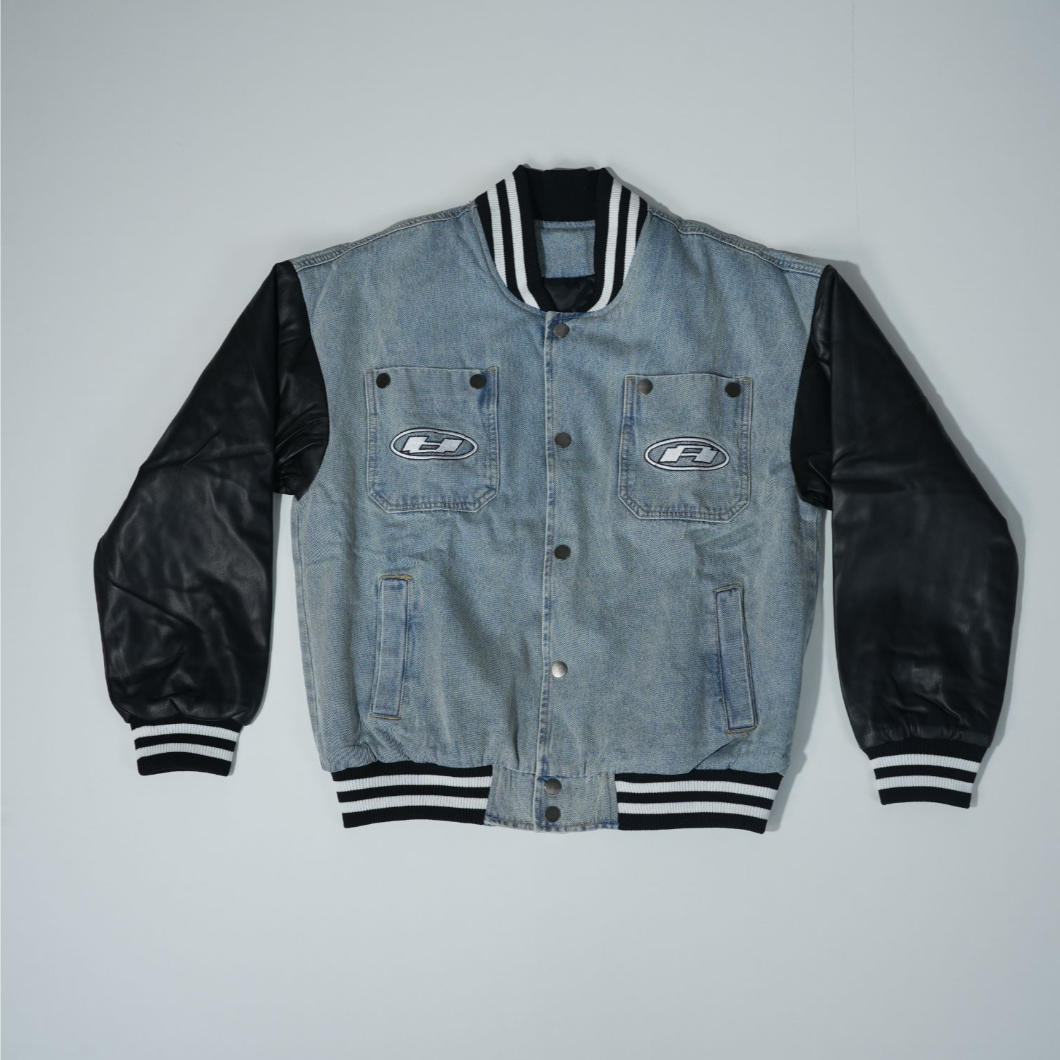 atcg牛仔拼色棒球夹克