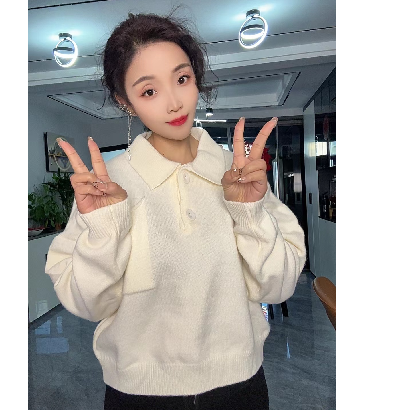 金驼色加厚POLO领时尚口袋气质针织衫女装秋冬季纯色针织打底