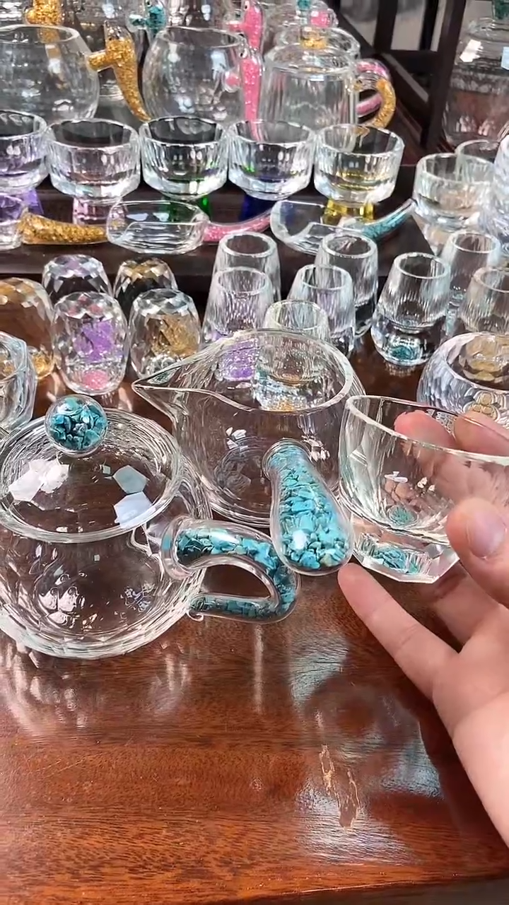 【闪购商品】水晶西施壶绿松+侧把公杯绿松+四方杯绿松