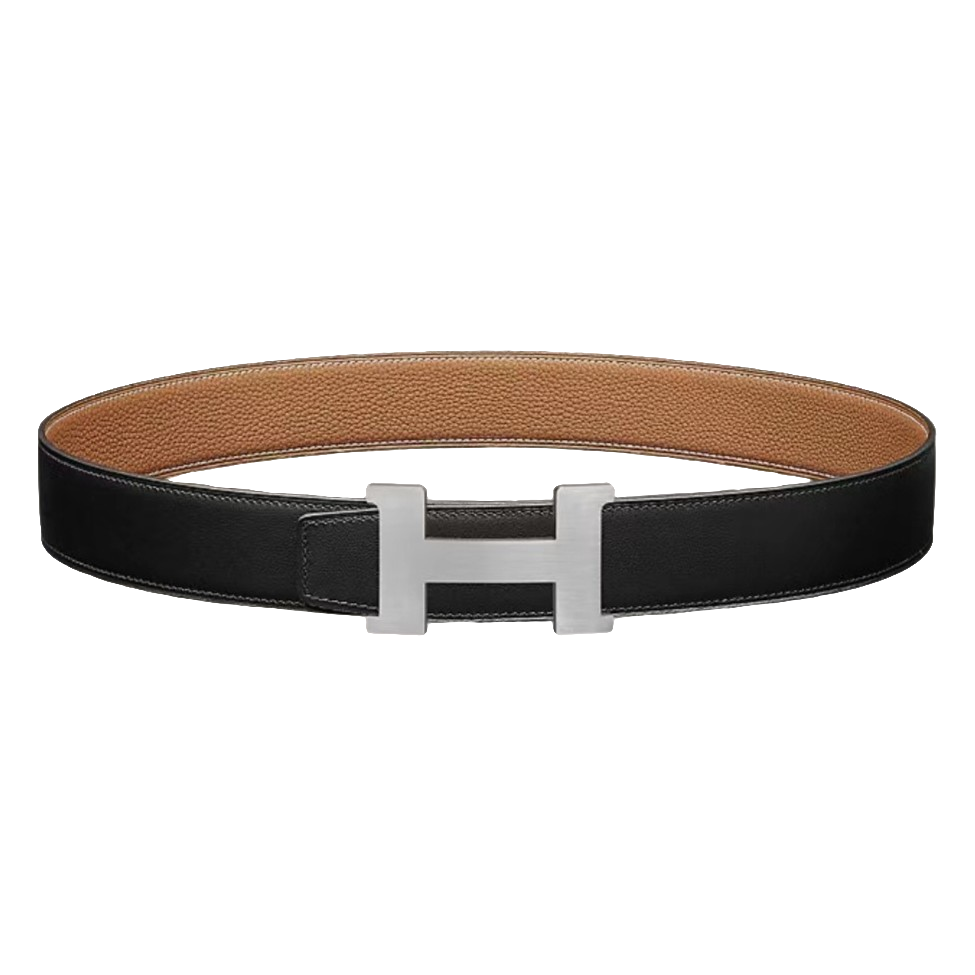 95新 Hermes/爱马仕   镜面银扣黑棕双面腰带 3.8CM宽多打两孔休
