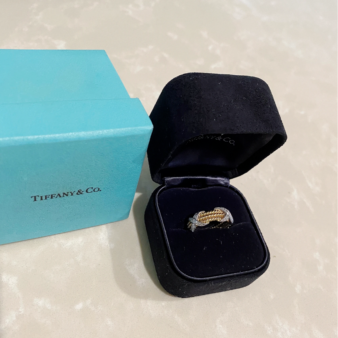 99新 Tiffany & Co./蒂芙尼 小花6欢 交叉 戒指 18K金拼钻石 49