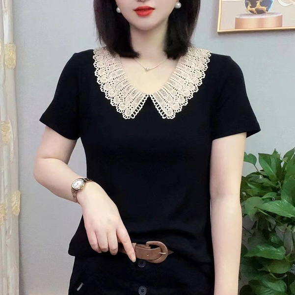 夏季新款时尚洋气减龄花边领短袖T恤女显瘦百搭纯色女装气质小衫