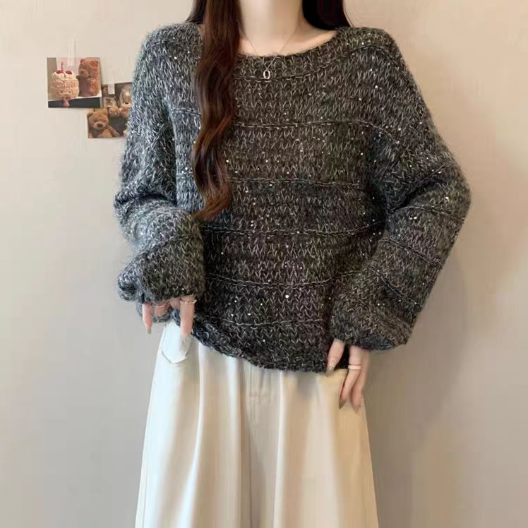 网红女长袖慵懒风毛针织衫上衣女士秋季短款圆领套头时尚毛衣