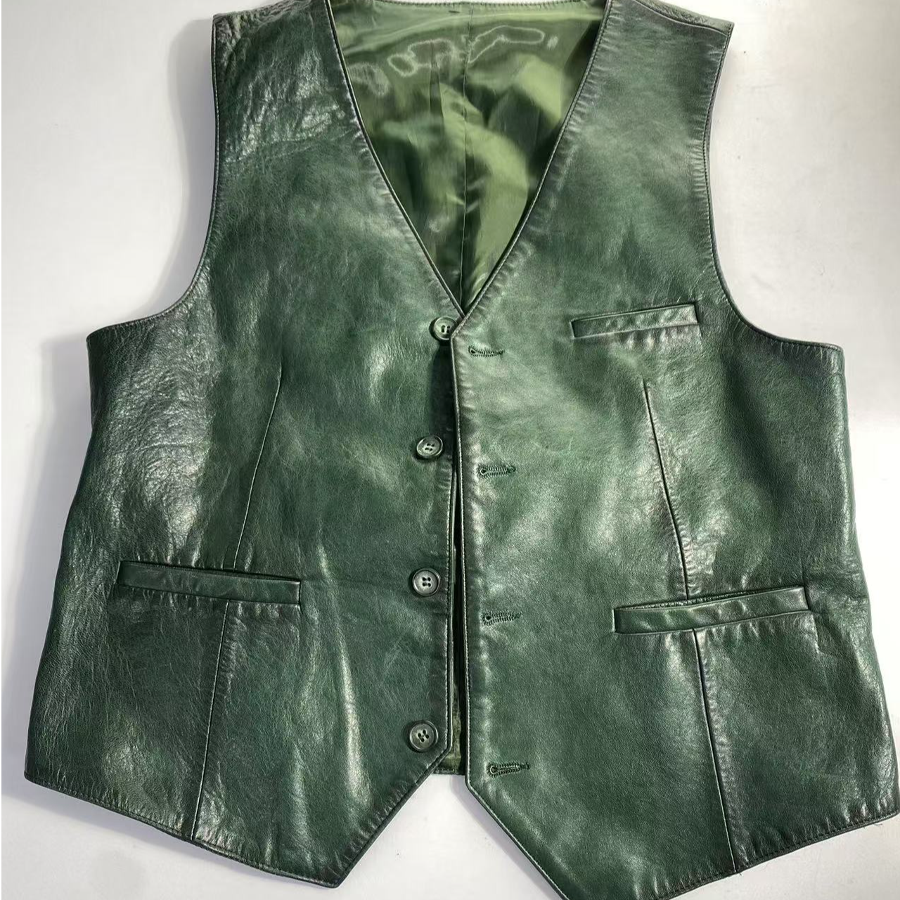 标准春季时尚无袖皮衣真皮外套排扣复古百搭休闲女士上衣法式短款