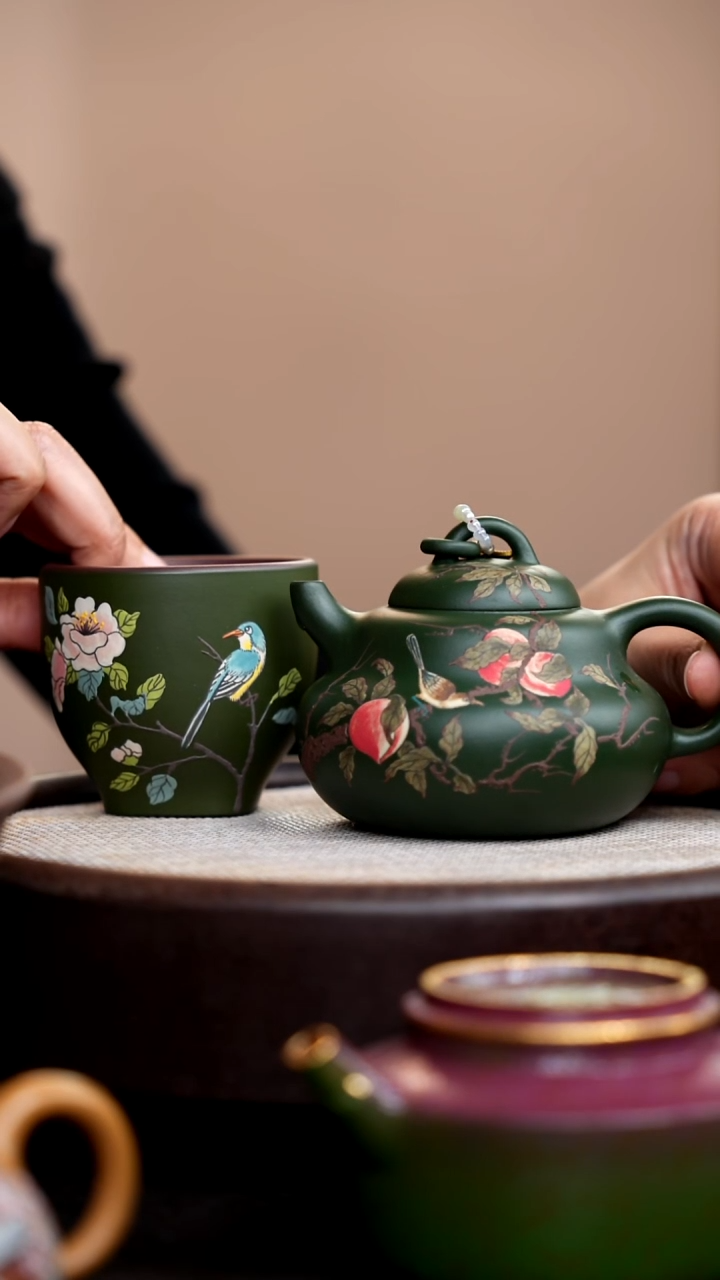 茶壶紫砂民国绿葫芦壶泥绘桃子+杯