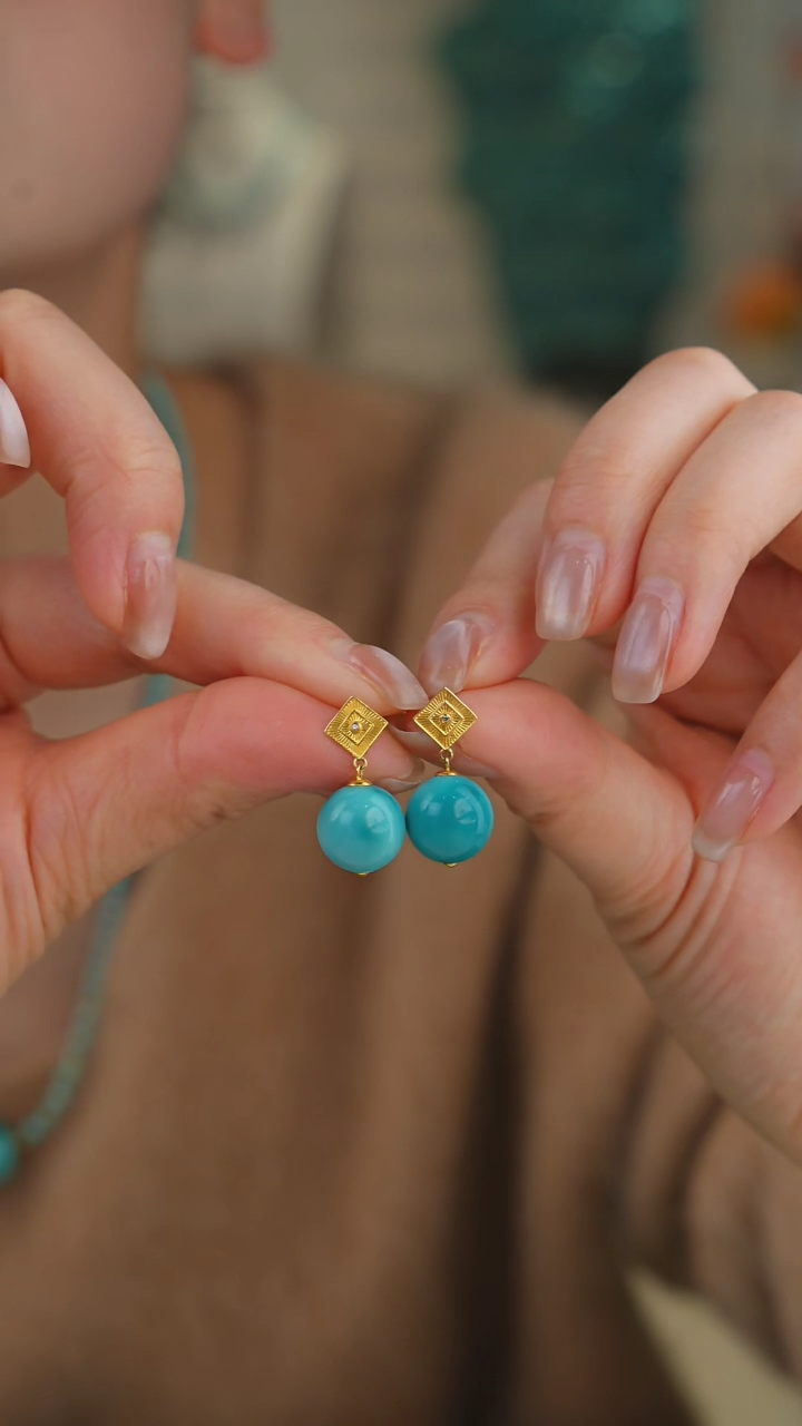 【闪购商品】绿松石耳饰18K金镶嵌1