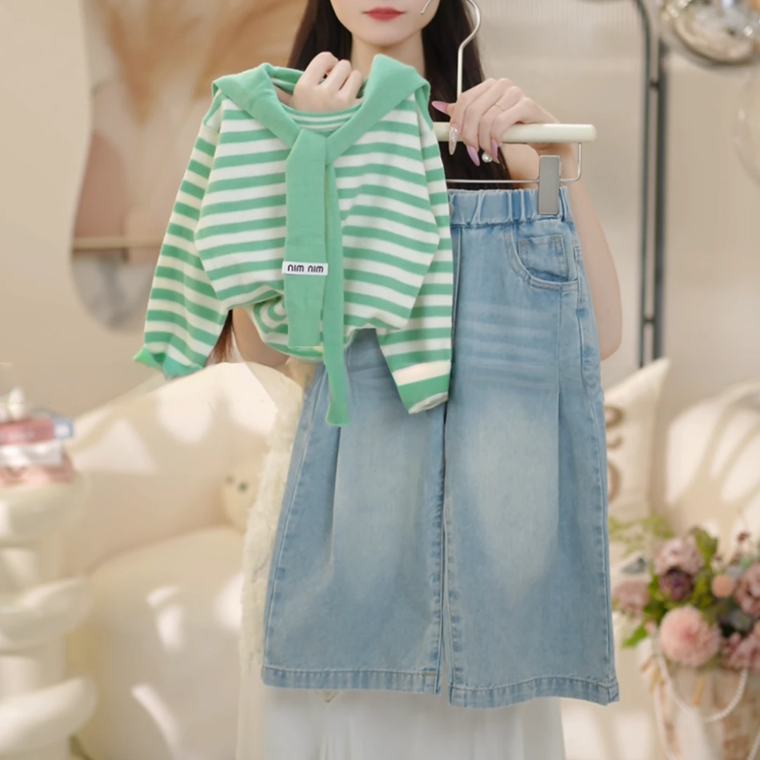 秋季新款洋气套装条纹长袖衣牛仔裤女童韩范宝宝外出女童秋款套装