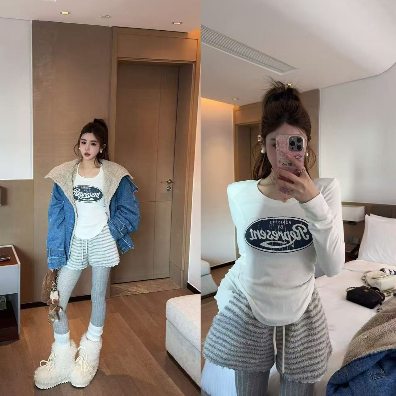 米娜家【气泡苏打】泡菜订制机车款羔羔毛翻领牛仔外套