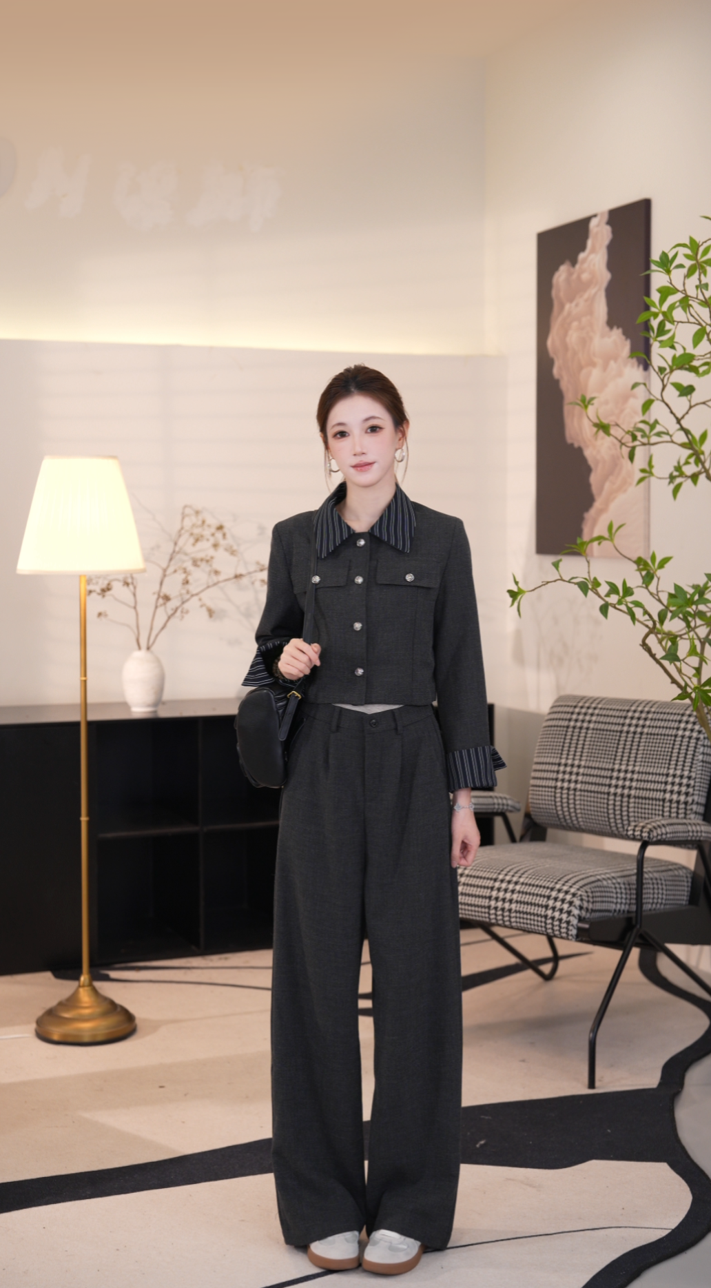 【一鸣专属】珩绣撞色翻领外套两件套女2025秋直筒裤两件套Y-T25833