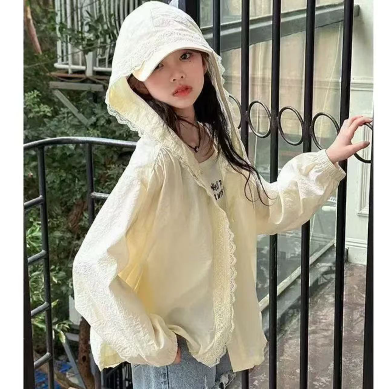 女童夏季防晒衣时尚连帽上衣外穿洋气蕾丝花边薄款透气空调衫防晒