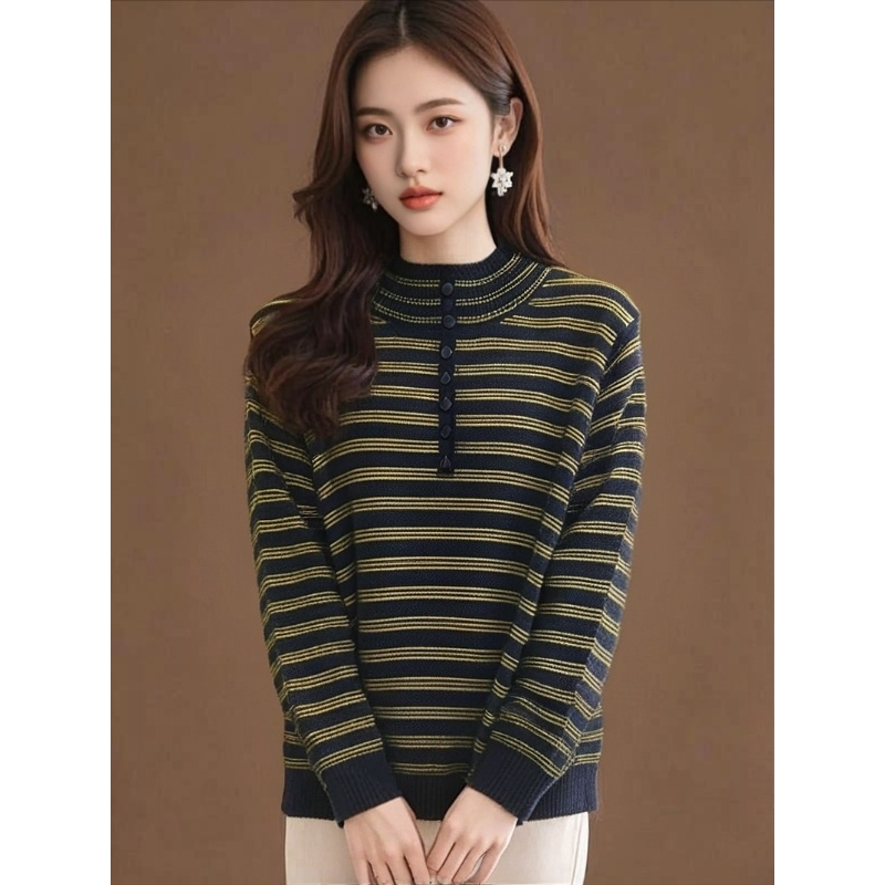 522 秋冬季洋气时尚百搭简约条纹高领长袖短款上衣