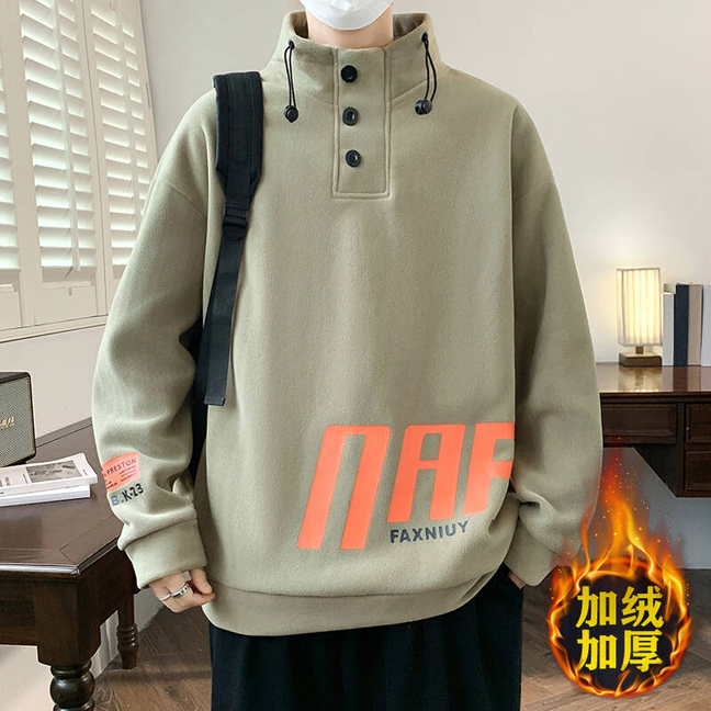 秋冬季半高领奥粒绒套头卫衣男士长袖宽松加绒加厚保暖潮流打底衫
