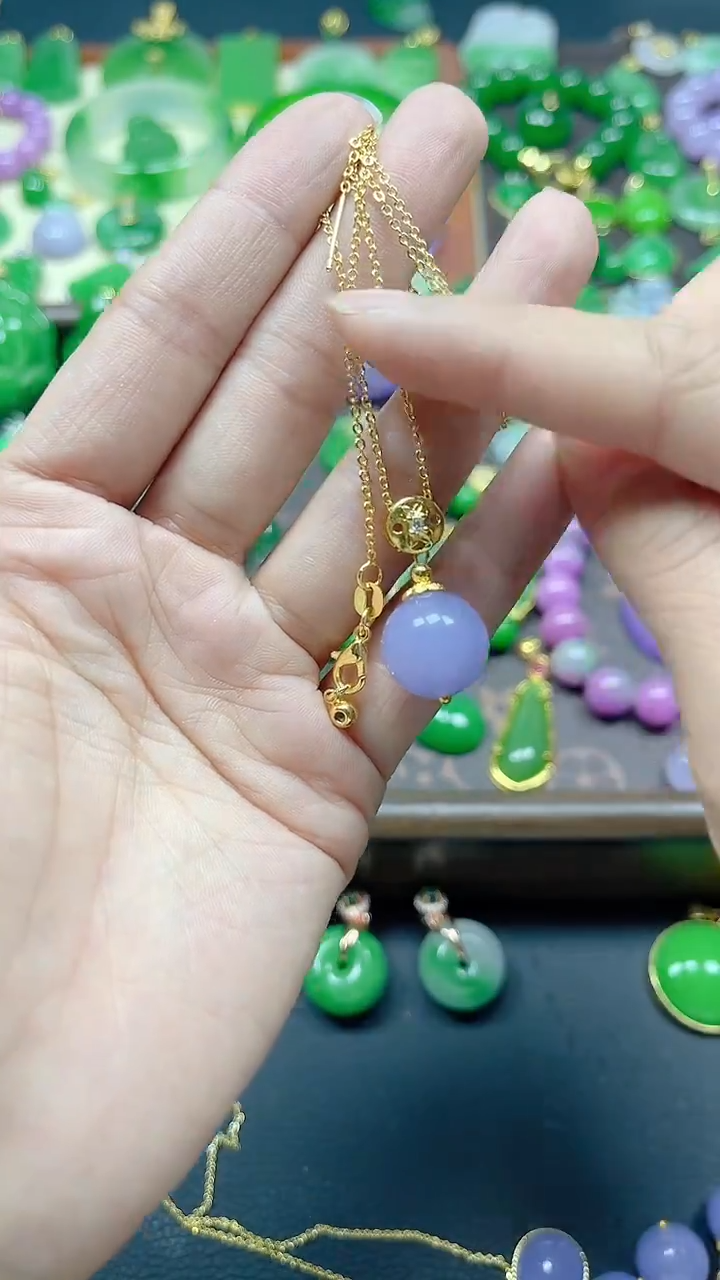 吊坠(赠链)14K金镶嵌翡翠15mm紫弹珠