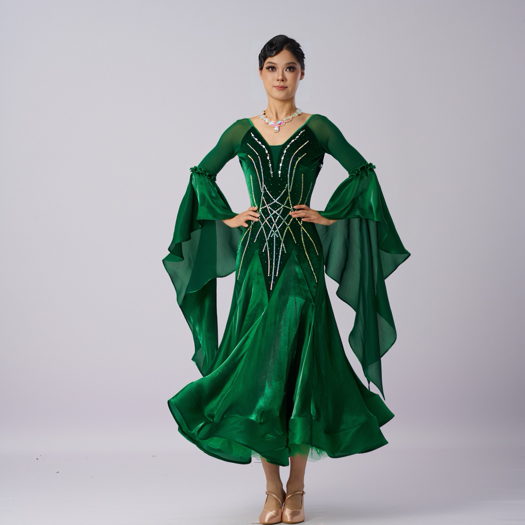 舞维时空国标舞满钻韩国绒双层裙摆表演服摩登演出服