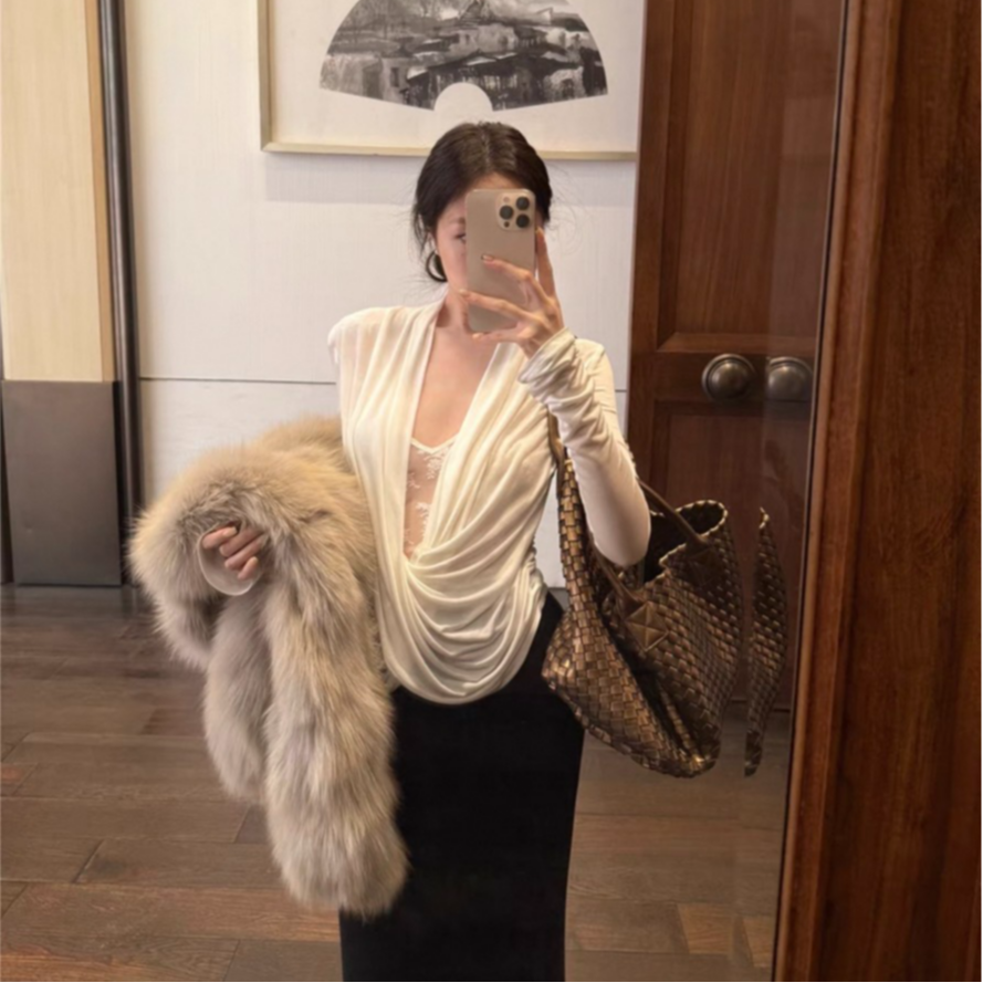 网红高贵时尚上衣no退换理性下单气质白色秋冬女装显瘦假两件百搭