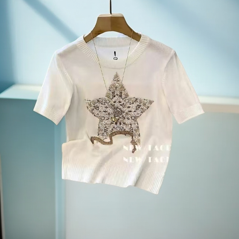 5077独特别致五角星刺绣短袖白色针织衫女2025新款白色圆领上衣