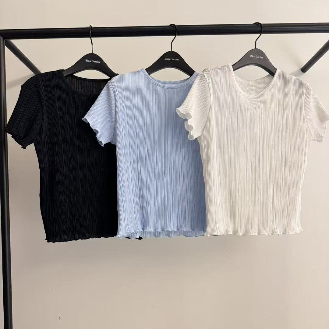 韩国正品 25夏 纯色简约圆领木耳边短袖T(N0退）