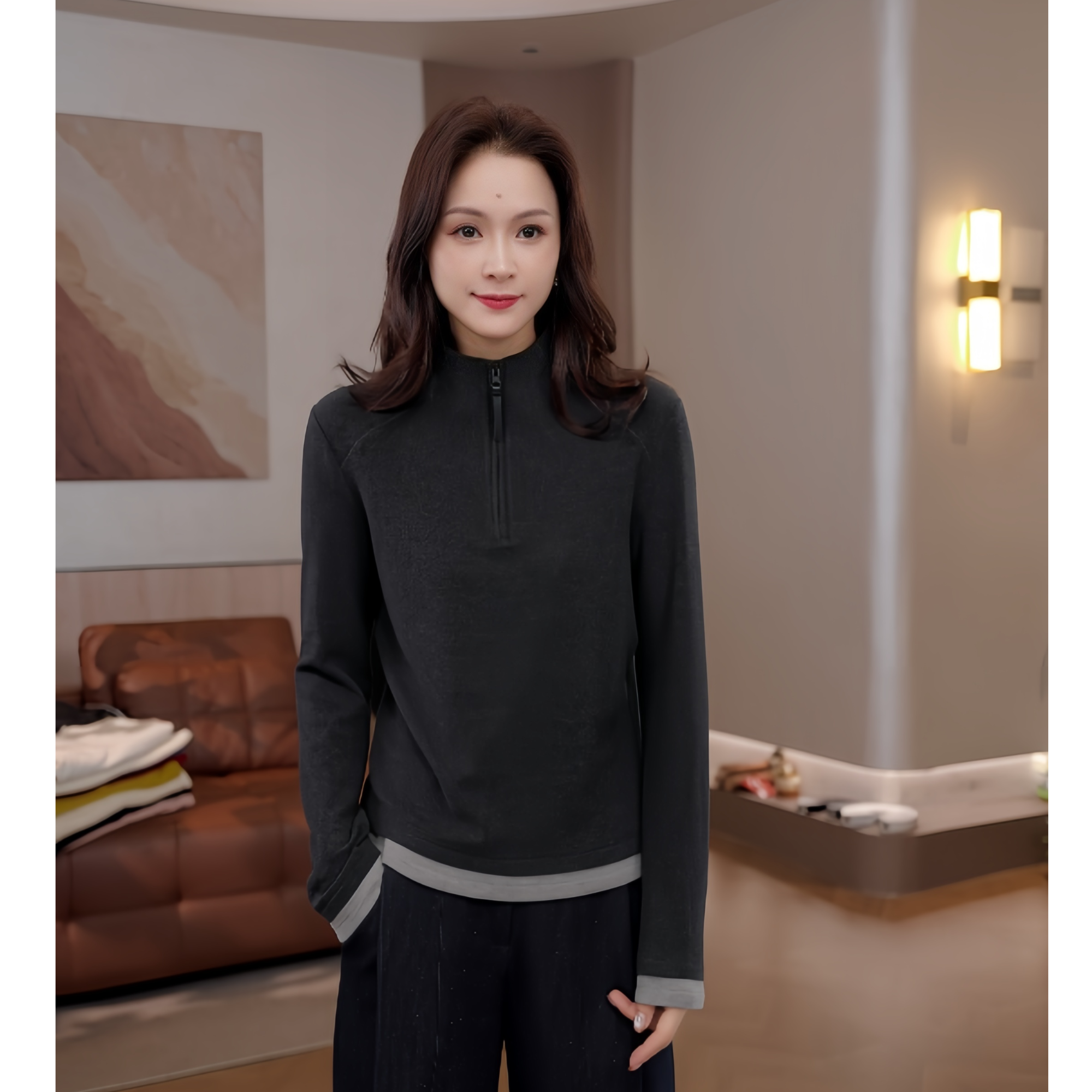 豆豆9【随性通勤】拼接撞色半拉链款德绒长袖打底百搭上衣-779625QT