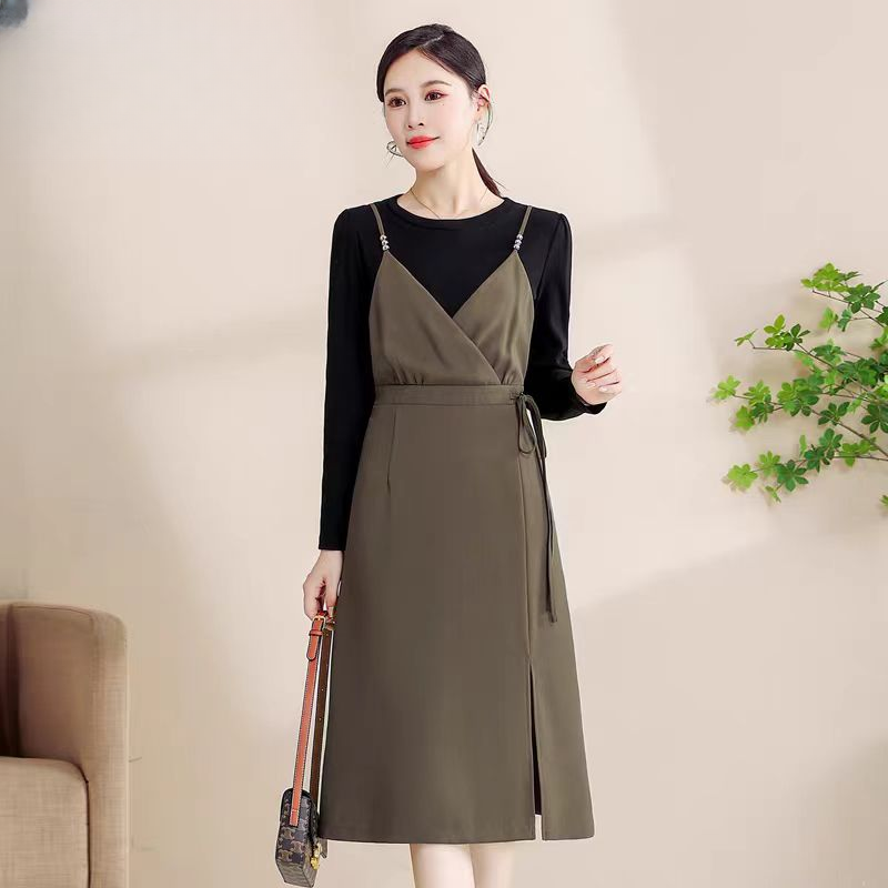 春秋时尚气质假两件收腰显瘦开叉连衣裙秋冬秋季裙子A277