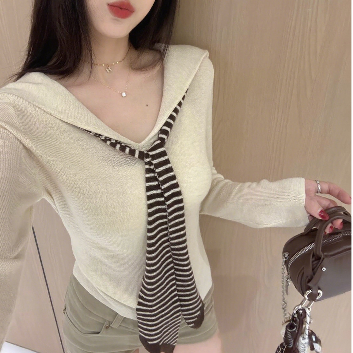 2025早秋新款韩系宽松假两件海军领撞色披肩长袖短款针织衫上衣女