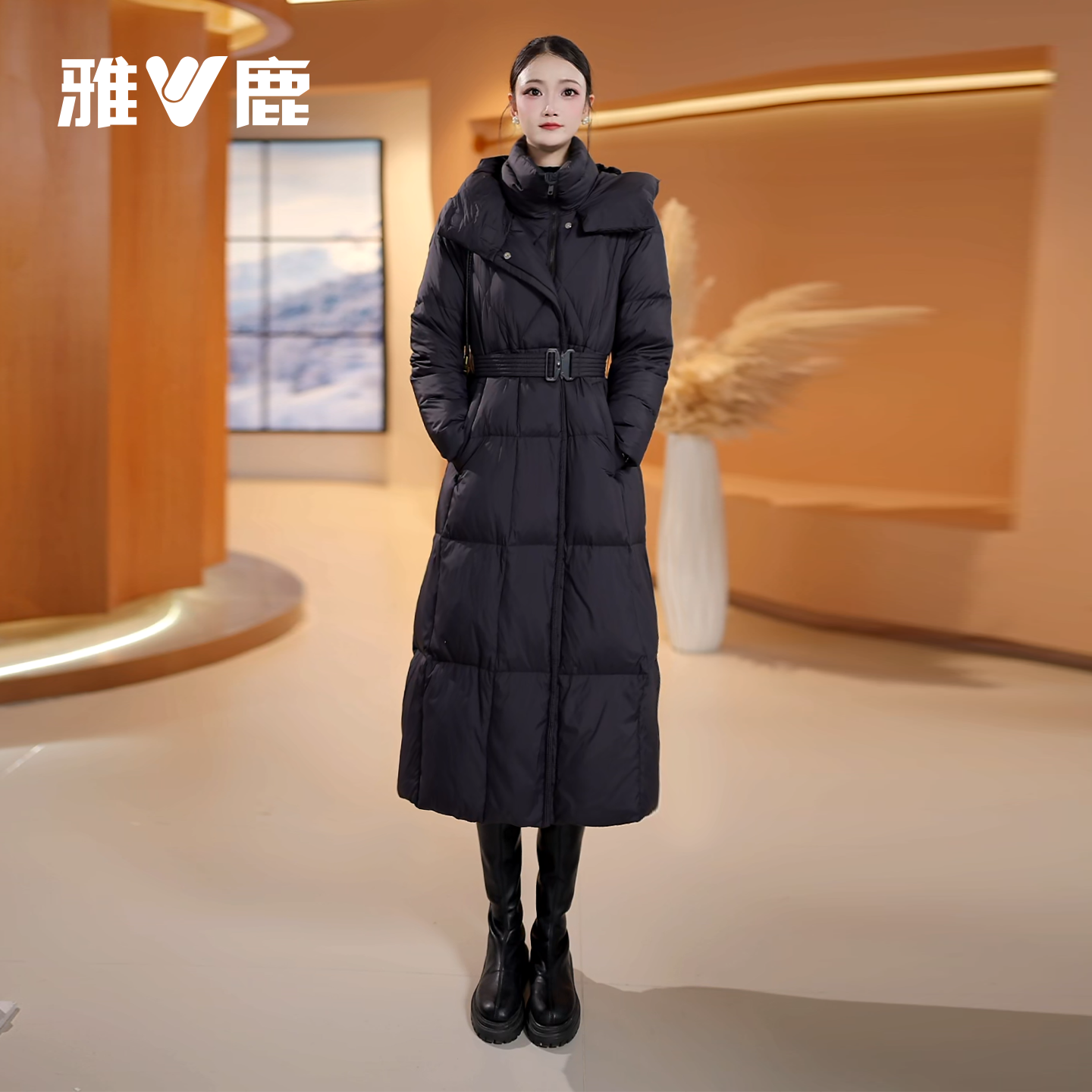 雅鹿新款长款羽绒服冬季韩版过膝收腰女装休闲时尚女款保暖外套