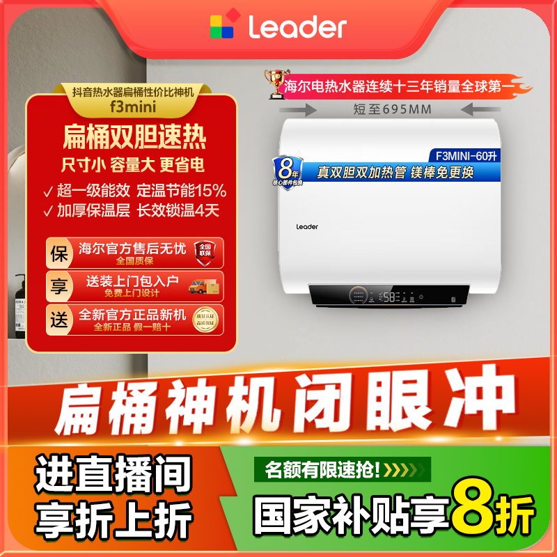  海尔出品统帅（Leader）双胆电热水器家用速热节能容量60L镁棒免换