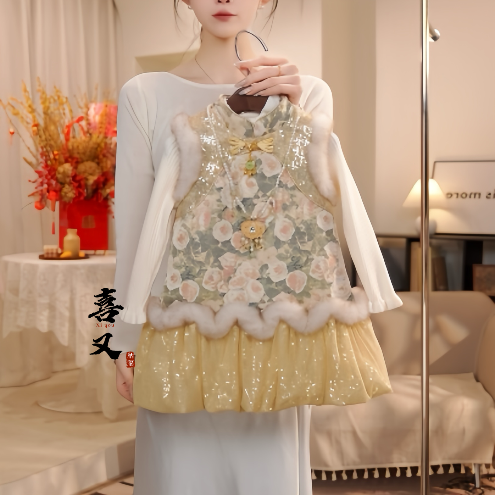  金绒春棠25冬季新款女童新中式提花加绒连衣裙国风裙拜年服25982