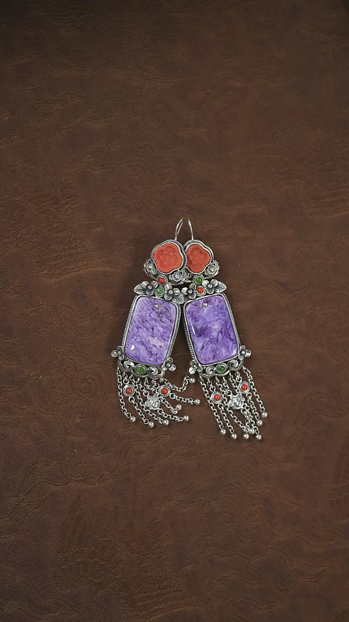 【闪购商品】查罗石（紫龙晶）耳环银S925镶嵌无事牌耳环