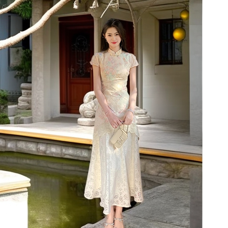 【月华绣影】新中式假两件印花改良旗袍春夏蕾丝拼接镂空修身旗袍裙