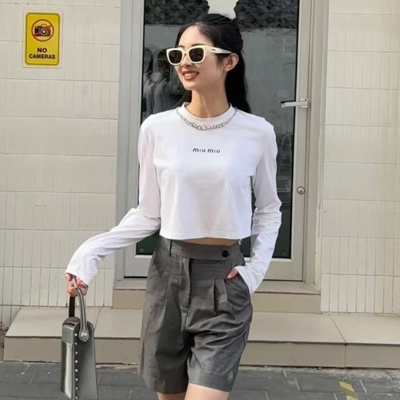 未使用 MIU MIU/缪缪 水钻字母logo短款长袖T恤