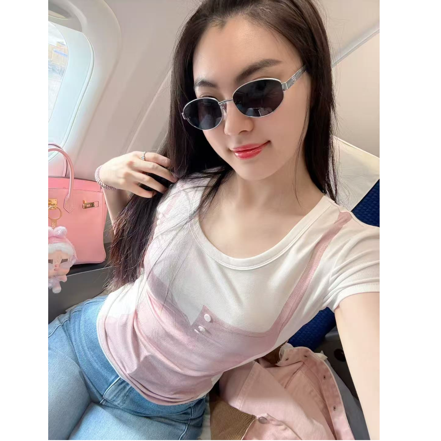 PM王囡囡 白拼粉莱赛尔吊带印花短袖T恤 ND1C1548
