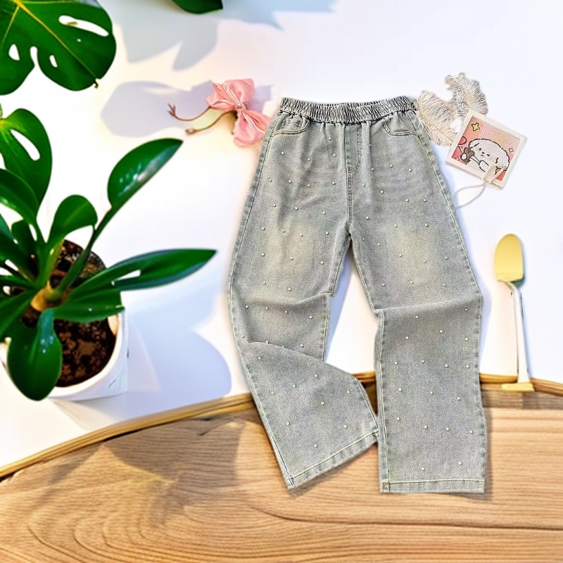 春季新款大码高腰直筒裤重工订钻水洗做旧休闲时尚宽松扎染牛仔裤