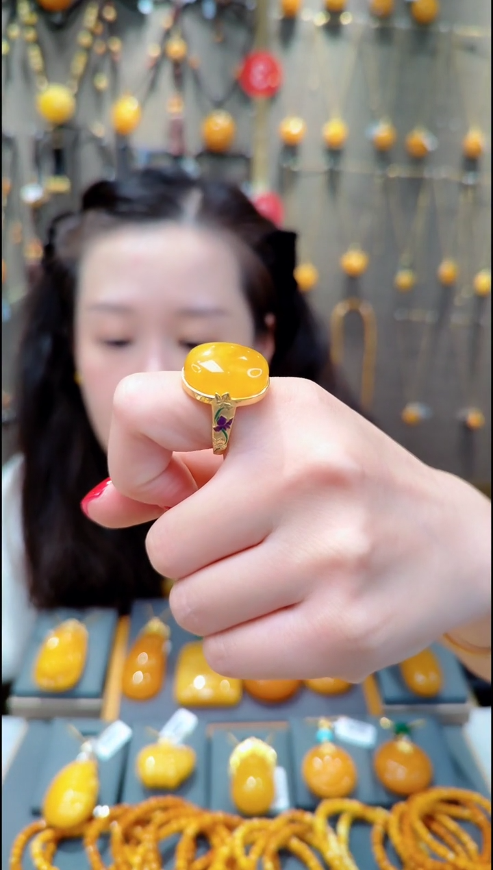 【闪购商品】蜜蜡戒指银S925镀金镶嵌H407蜜蜡戒指