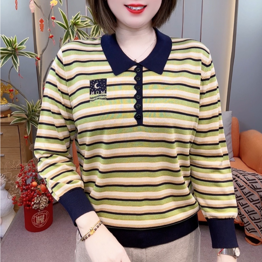 早春新款小翻领莱赛尔天丝条纹衫C8695