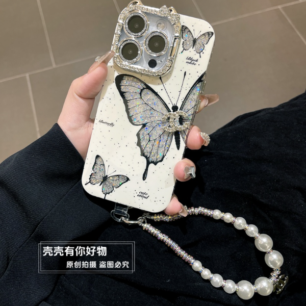 适用苹果华为手机壳iphone16泼墨风mate70闪粉蝴蝶p70镜头膜手链