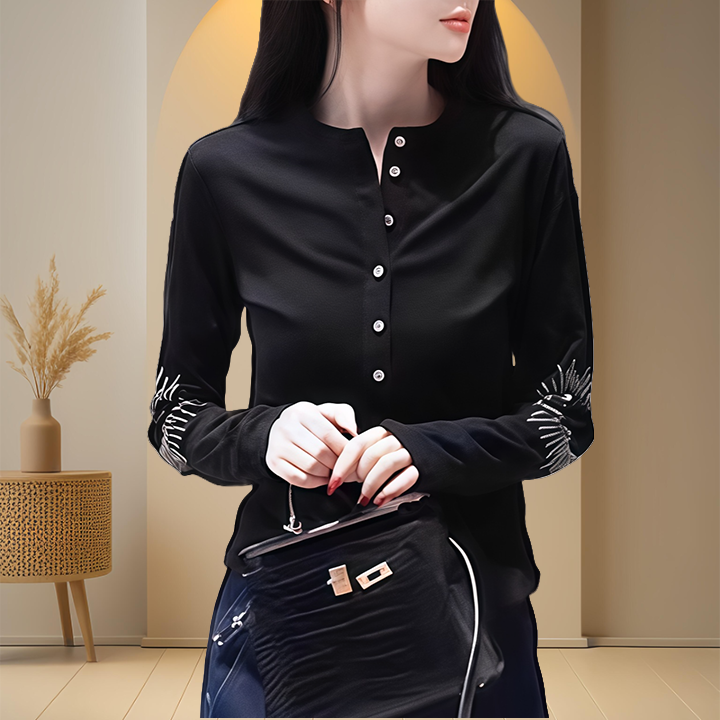老钱风松弛感女装贵气休闲显瘦纽扣显瘦百搭上衣烫钻长袖打底T恤
