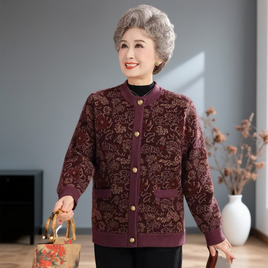 妈妈装2025秋冬新款弹力针织圆领中老年加绒加厚保暖外套