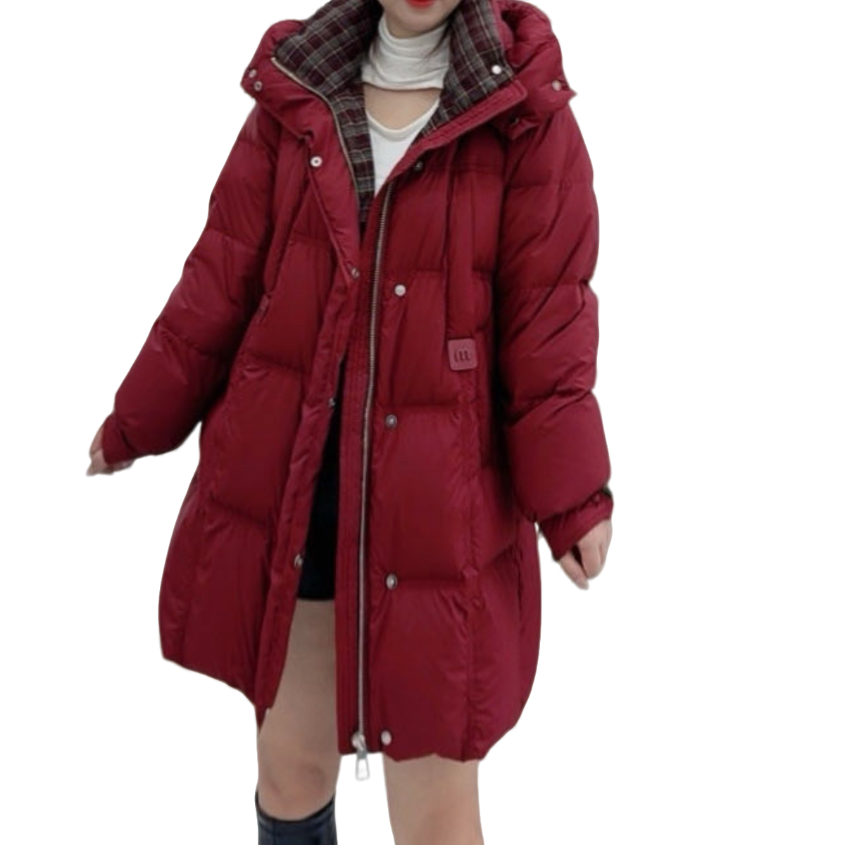 【珊珊服饰】冬季新款新国标90白鸭绒拼接格子中长款羽绒服