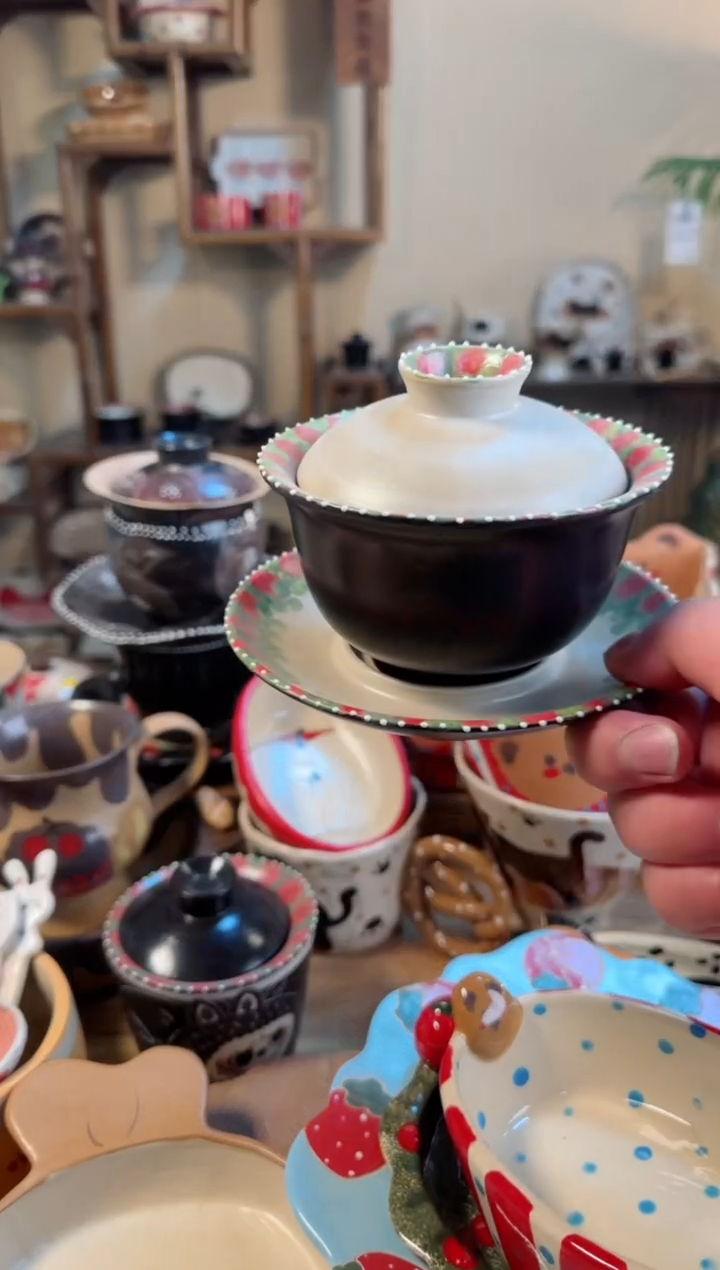 【闪购商品】黑色玫瑰盖碗高温瓷器