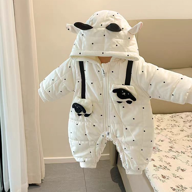 MR冬款小羊肖恩哈衣男女宝卡通双头拉链连帽外出服婴幼波点连体衣