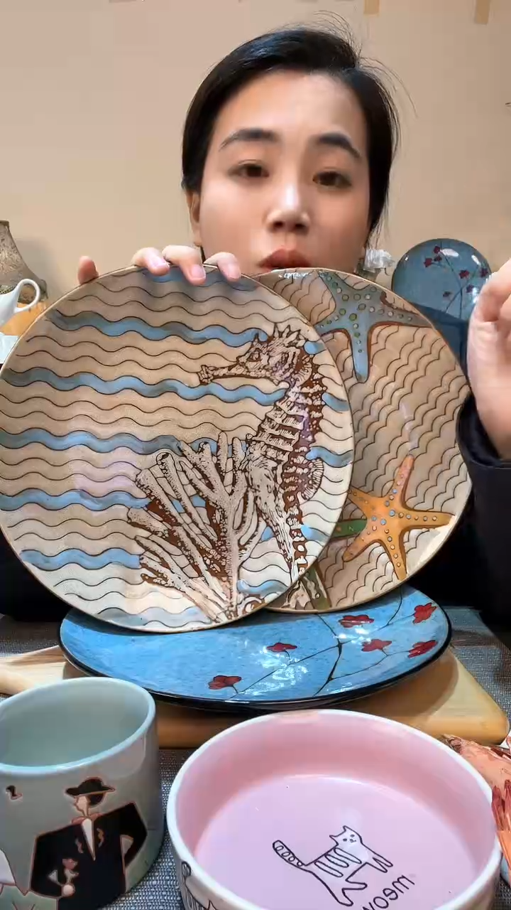 【闪购商品】瓷片2个10.5英寸手绘盘