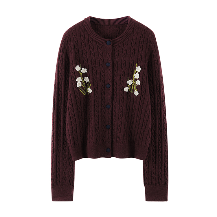 鄂家同款秋冬新品女士100%山羊绒重工刺绣开衫外套麻花针织衫圆领