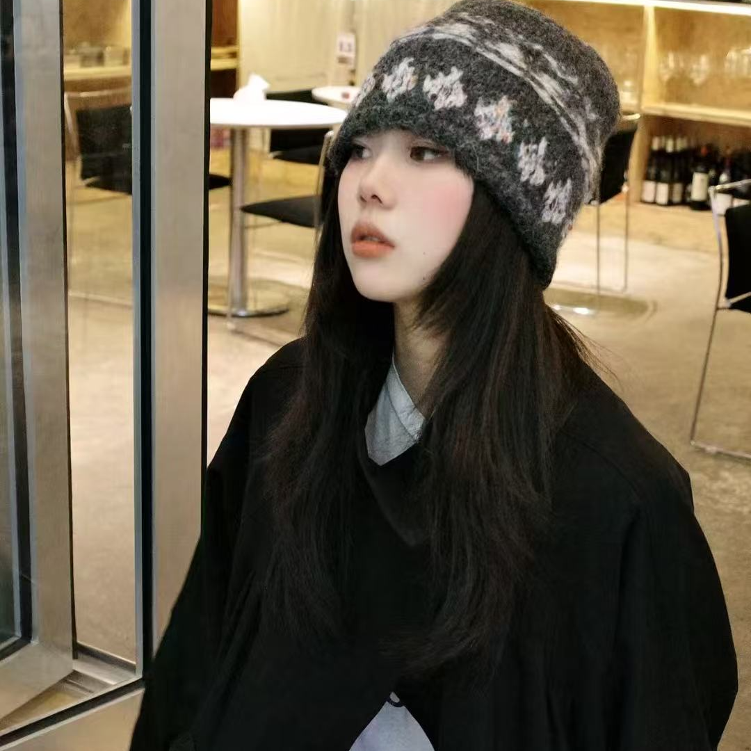费尔岛风卷边冷帽提花针织显脸小秋冬新品保暖氛围感百搭针织帽