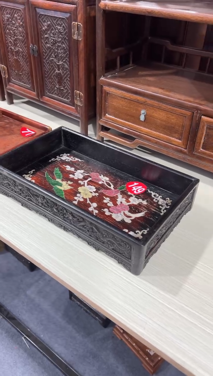 木木非洲紫檀螺钿镶嵌高围栏茶盘储物盘